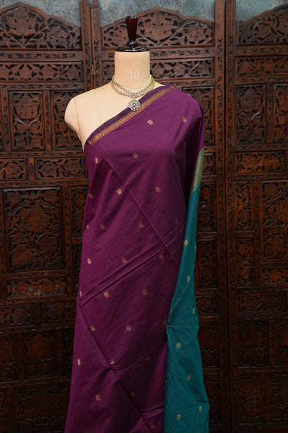 Semi Maheshwari Silk Cotton Saree – Deep Purple & Teal with Zari Buttas