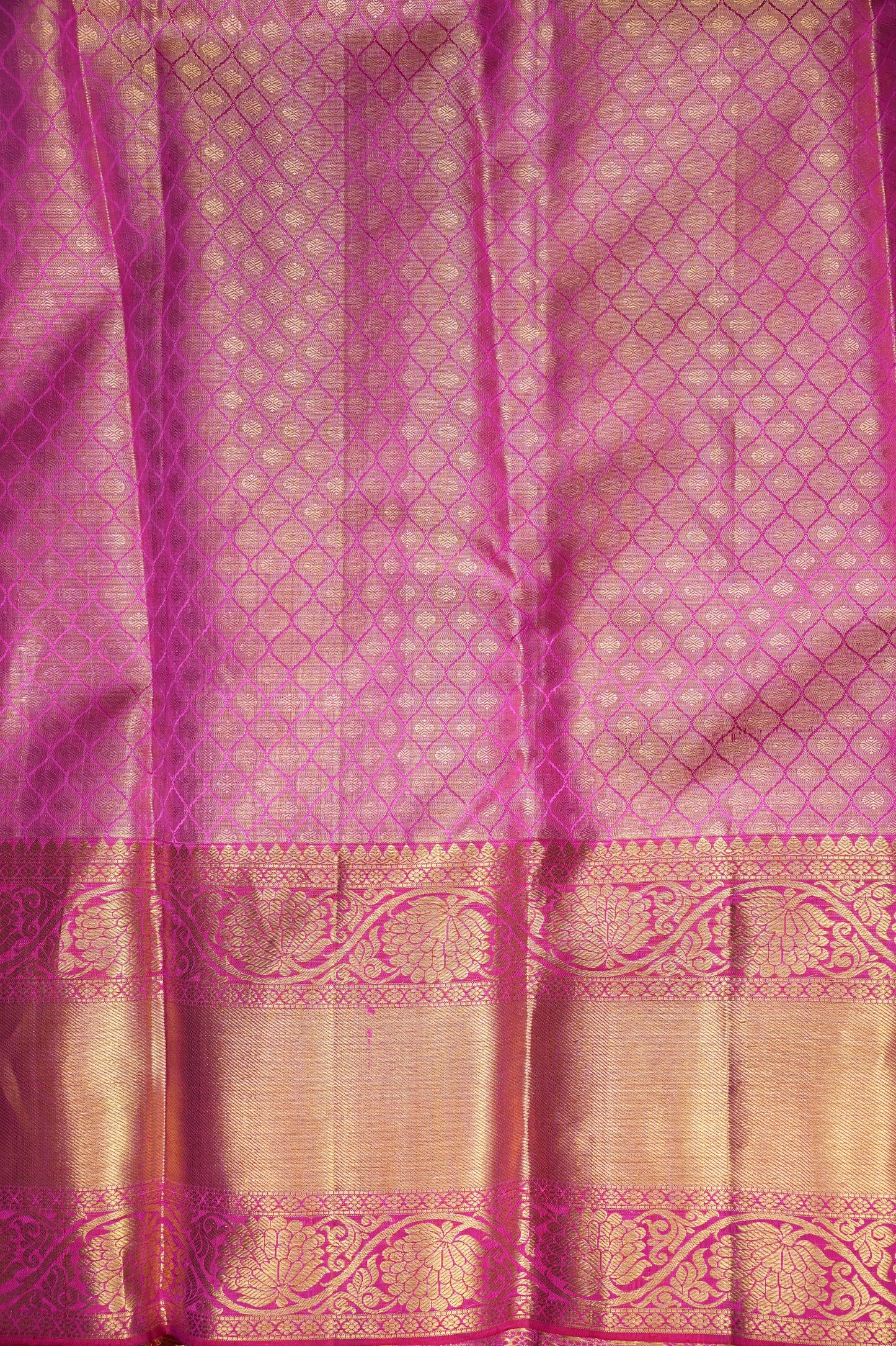 Champagne Gold with Rani Pink Pure Tissue Kanchipuram Silk Saree|Silk Mark Certified