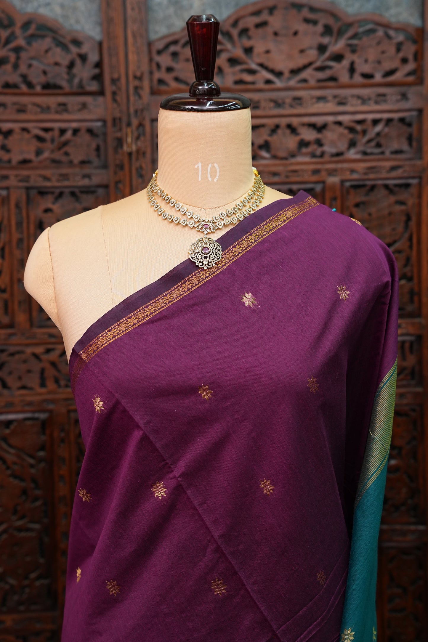 Semi Maheshwari Silk Cotton Saree – Deep Purple & Teal with Zari Buttas