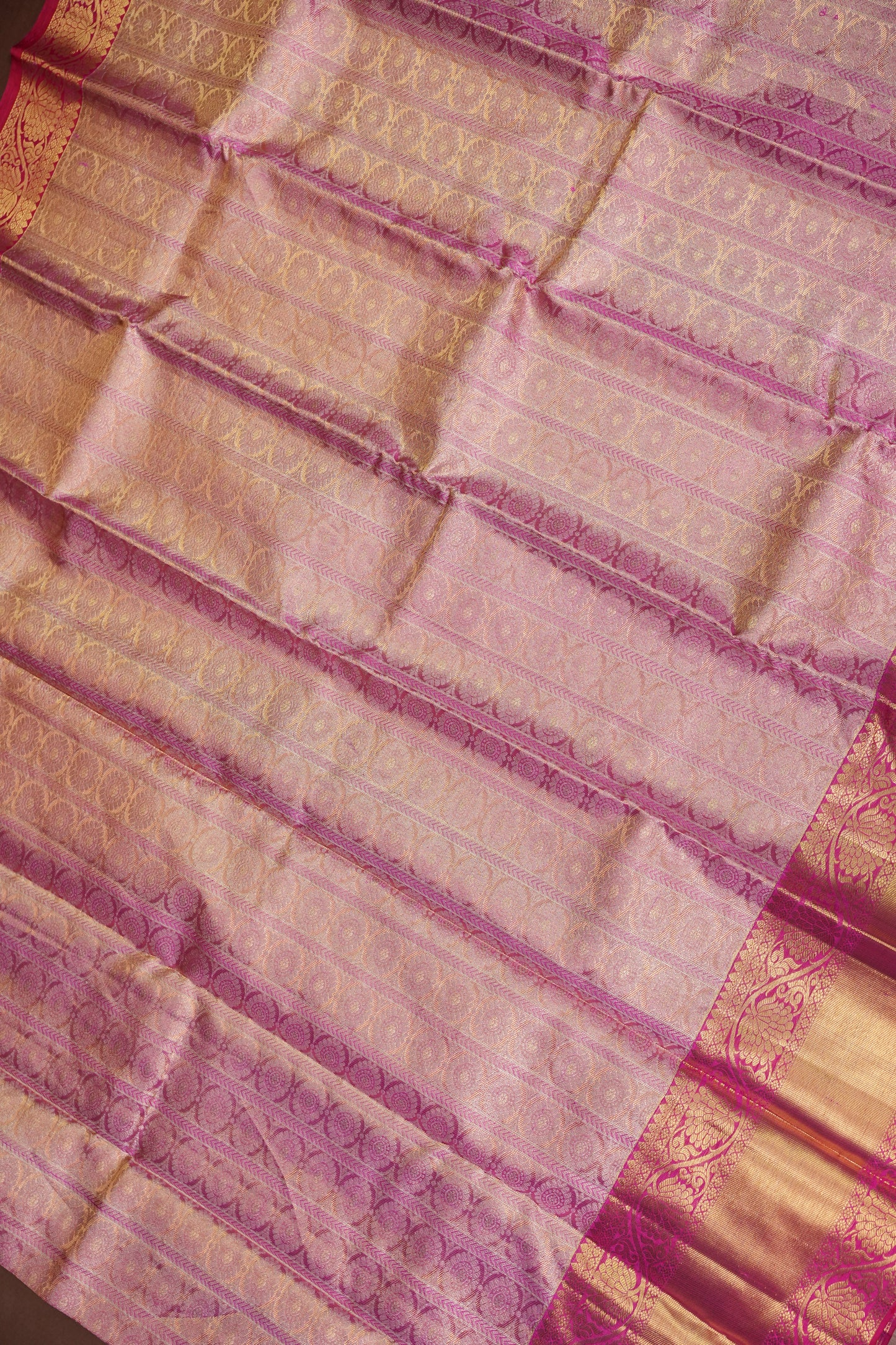 Champagne Gold with Rani Pink Pure Tissue Kanchipuram Silk Saree|Silk Mark Certified