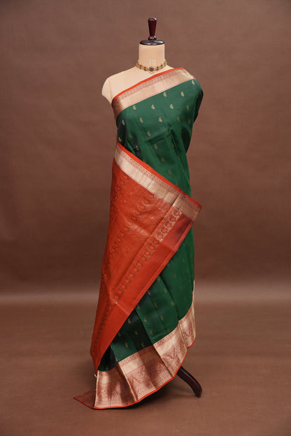 Bottle Green & Rust Orange Pure Kanchipuram Silk Saree|Silk Mark Certified