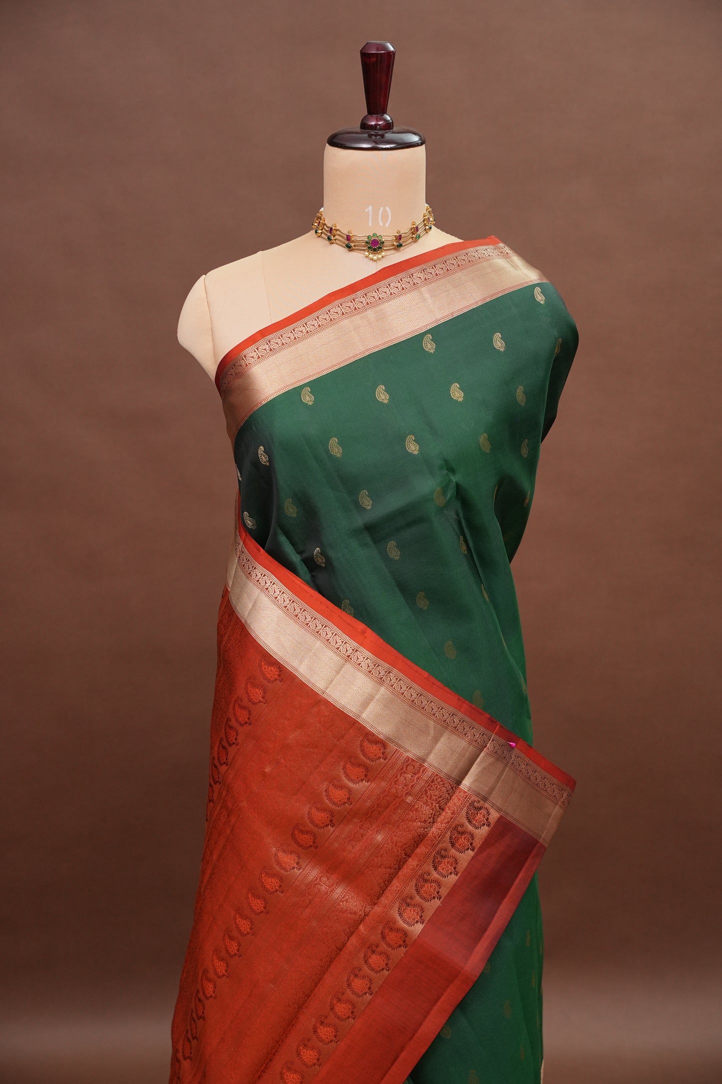Bottle Green & Rust Orange Pure Kanchipuram Silk Saree|Silk Mark Certified