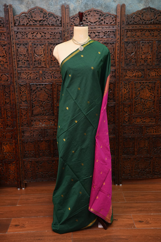 Semi Maheshwari Silk Cotton Saree – Bottle Green & Magenta with Zari Buttas