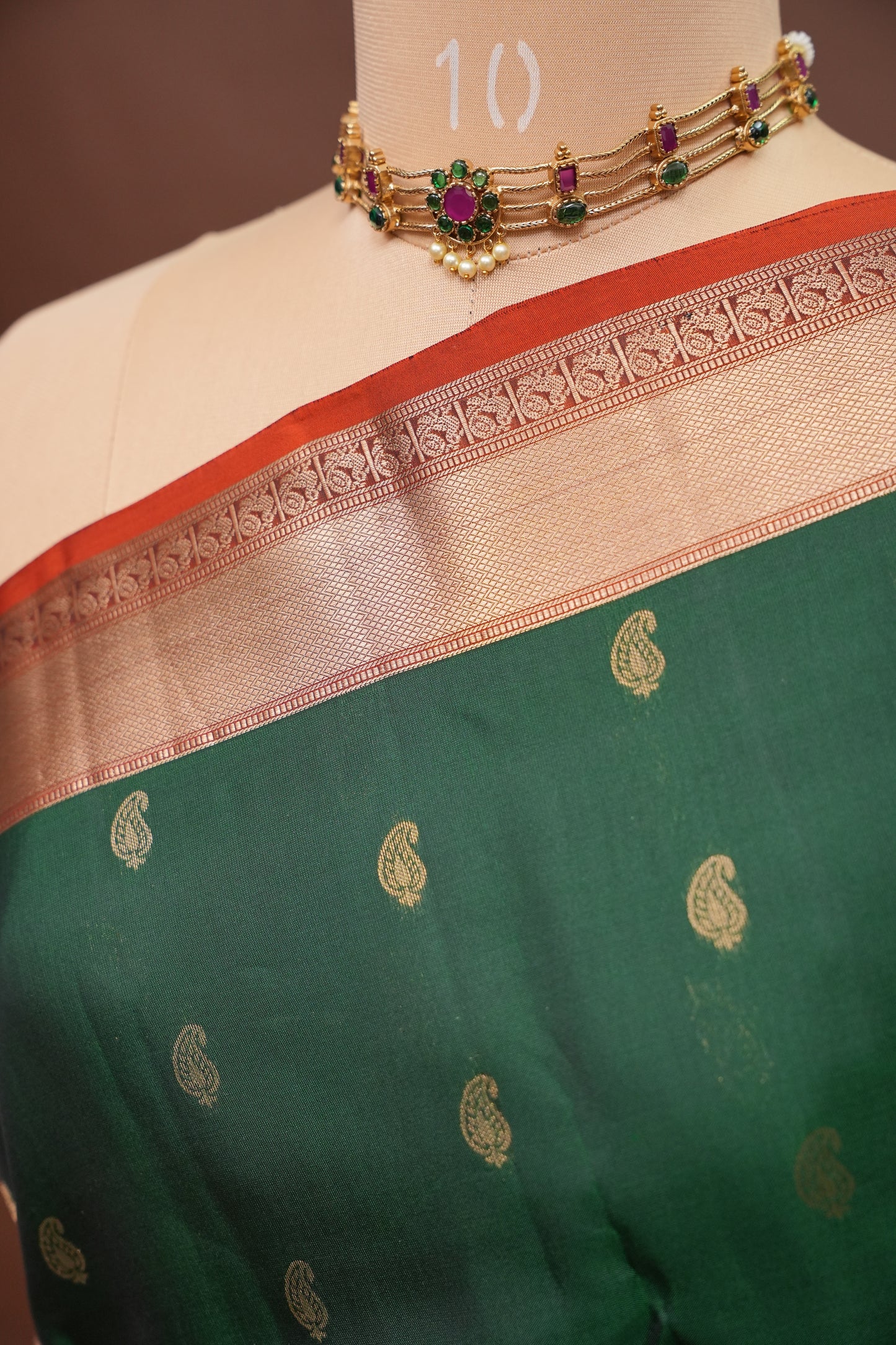 Bottle Green & Rust Orange Pure Kanchipuram Silk Saree|Silk Mark Certified