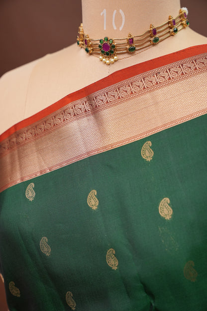 Bottle Green & Rust Orange Pure Kanchipuram Silk Saree|Silk Mark Certified
