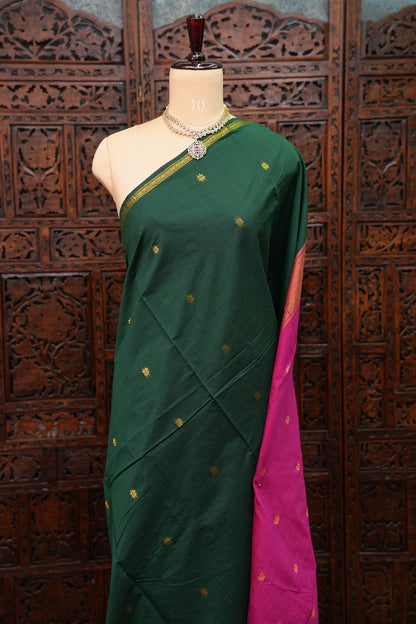 Semi Maheshwari Silk Cotton Saree – Bottle Green & Magenta with Zari Buttas