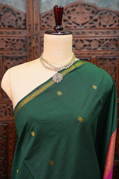 Semi Maheshwari Silk Cotton Saree – Bottle Green & Magenta with Zari Buttas