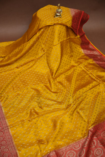 Pure Georgette Banarasi Silk Saree – Mustard Yellow with Rich Red Zari Border