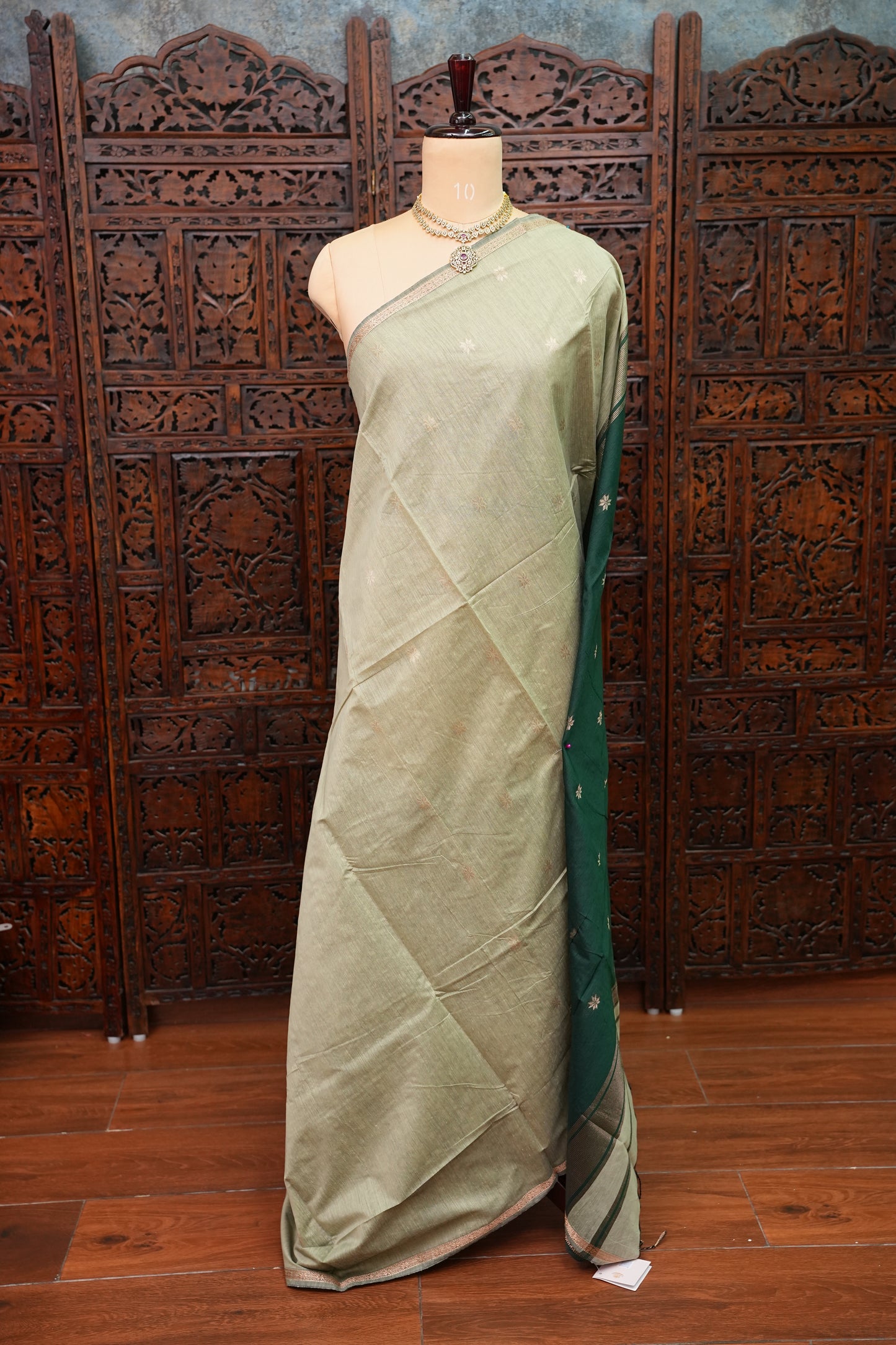 Semi Maheshwari Silk Cotton Saree – Sage Green & Bottle Green with Zari Buttas
