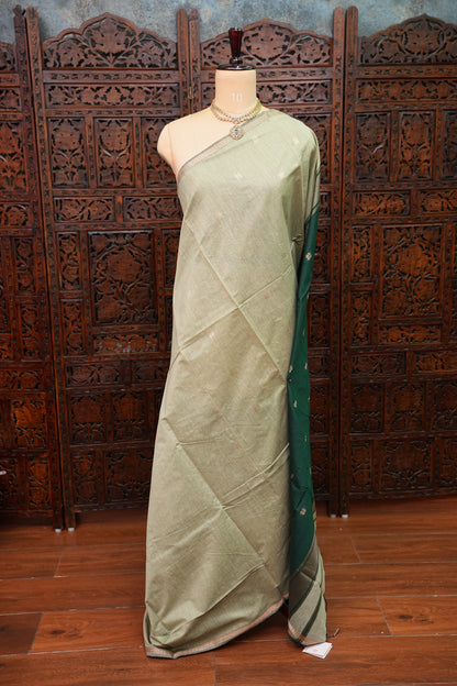 Semi Maheshwari Silk Cotton Saree – Sage Green & Bottle Green with Zari Buttas