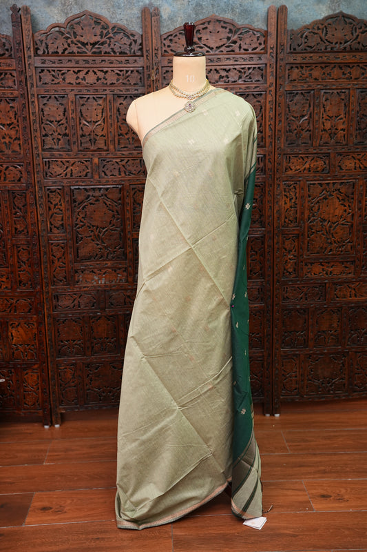 Semi Maheshwari Silk Cotton Saree – Sage Green & Bottle Green with Zari Buttas