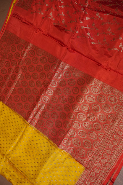 Pure Georgette Banarasi Silk Saree – Mustard Yellow with Rich Red Zari Border