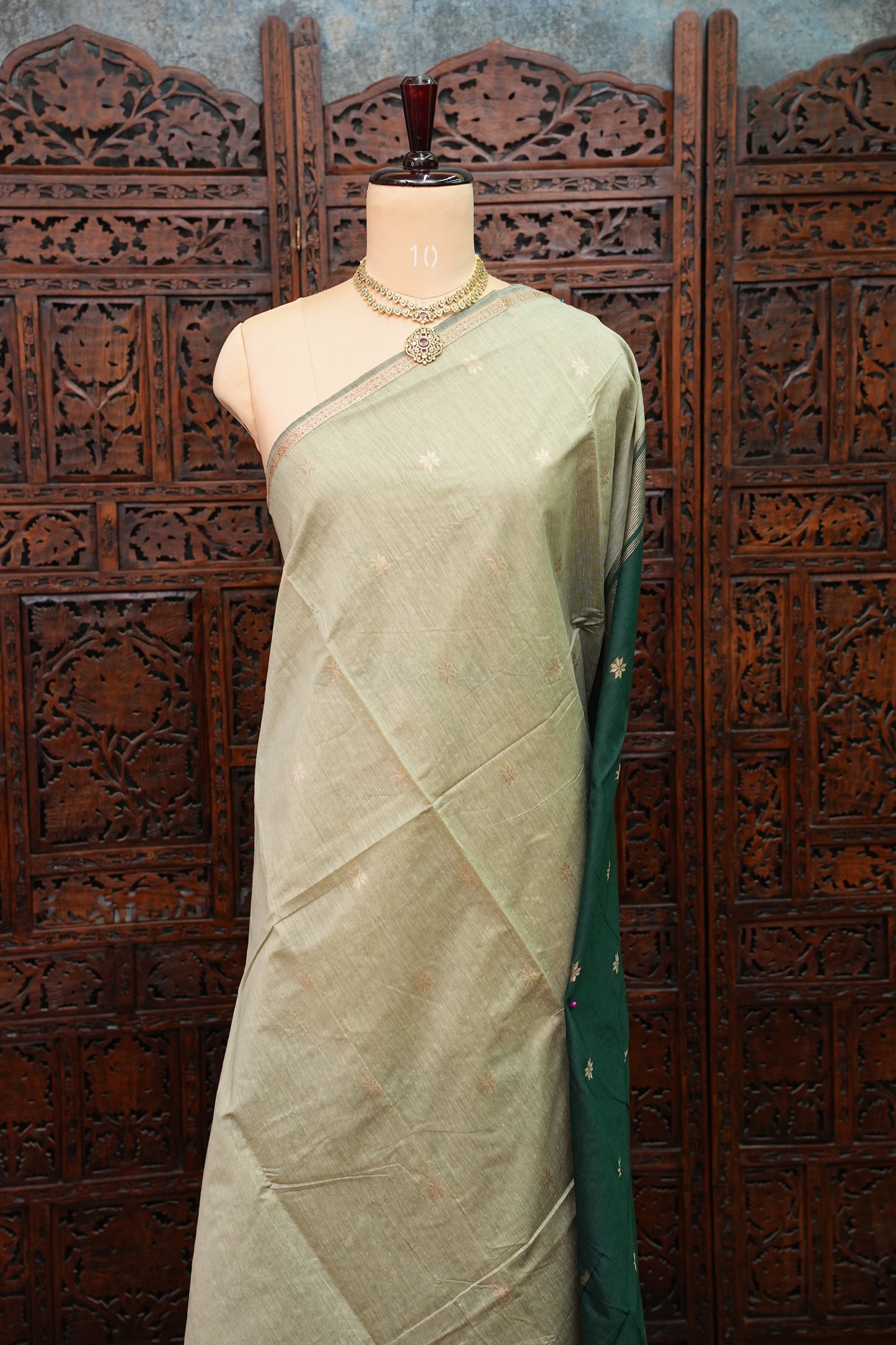 Semi Maheshwari Silk Cotton Saree – Sage Green & Bottle Green with Zari Buttas
