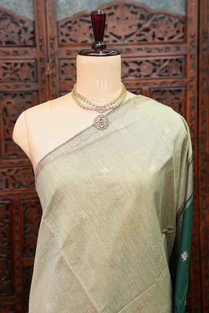 Semi Maheshwari Silk Cotton Saree – Sage Green & Bottle Green with Zari Buttas