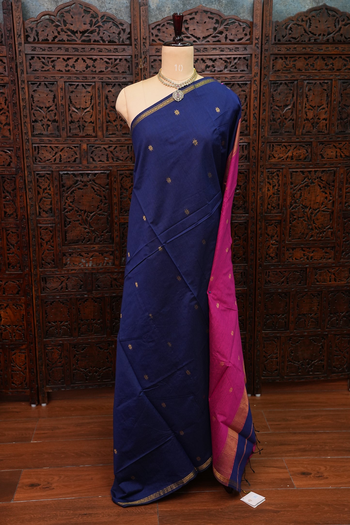 Semi Maheshwari Silk Cotton Saree – Navy Blue & Rani Pink with Zari Buttas