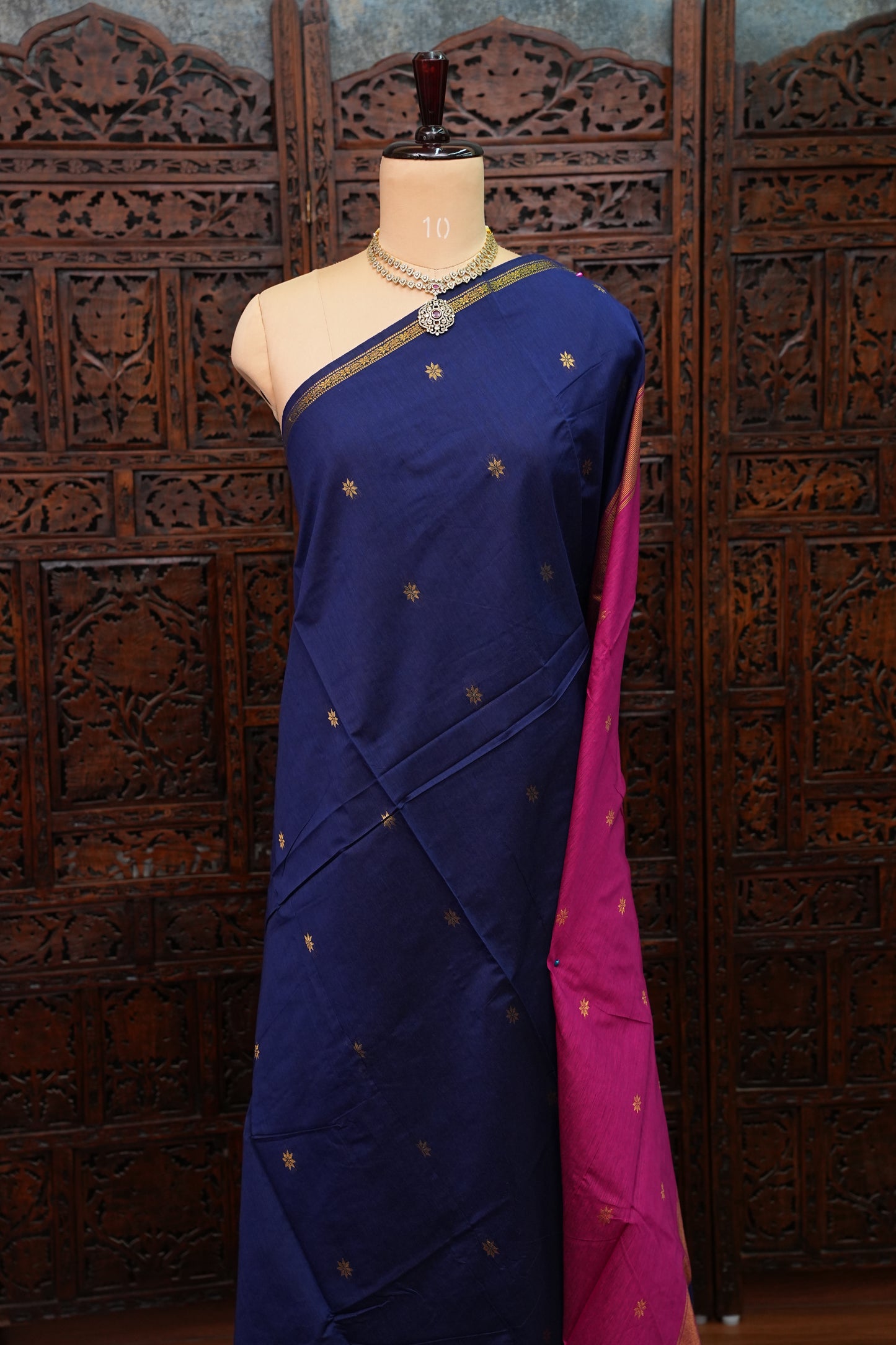 Semi Maheshwari Silk Cotton Saree – Navy Blue & Rani Pink with Zari Buttas
