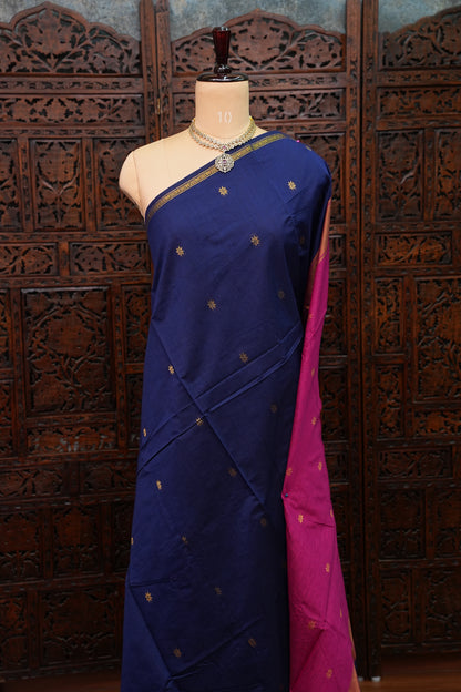 Semi Maheshwari Silk Cotton Saree – Navy Blue & Rani Pink with Zari Buttas