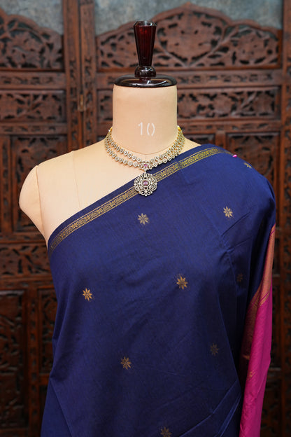 Semi Maheshwari Silk Cotton Saree – Navy Blue & Rani Pink with Zari Buttas