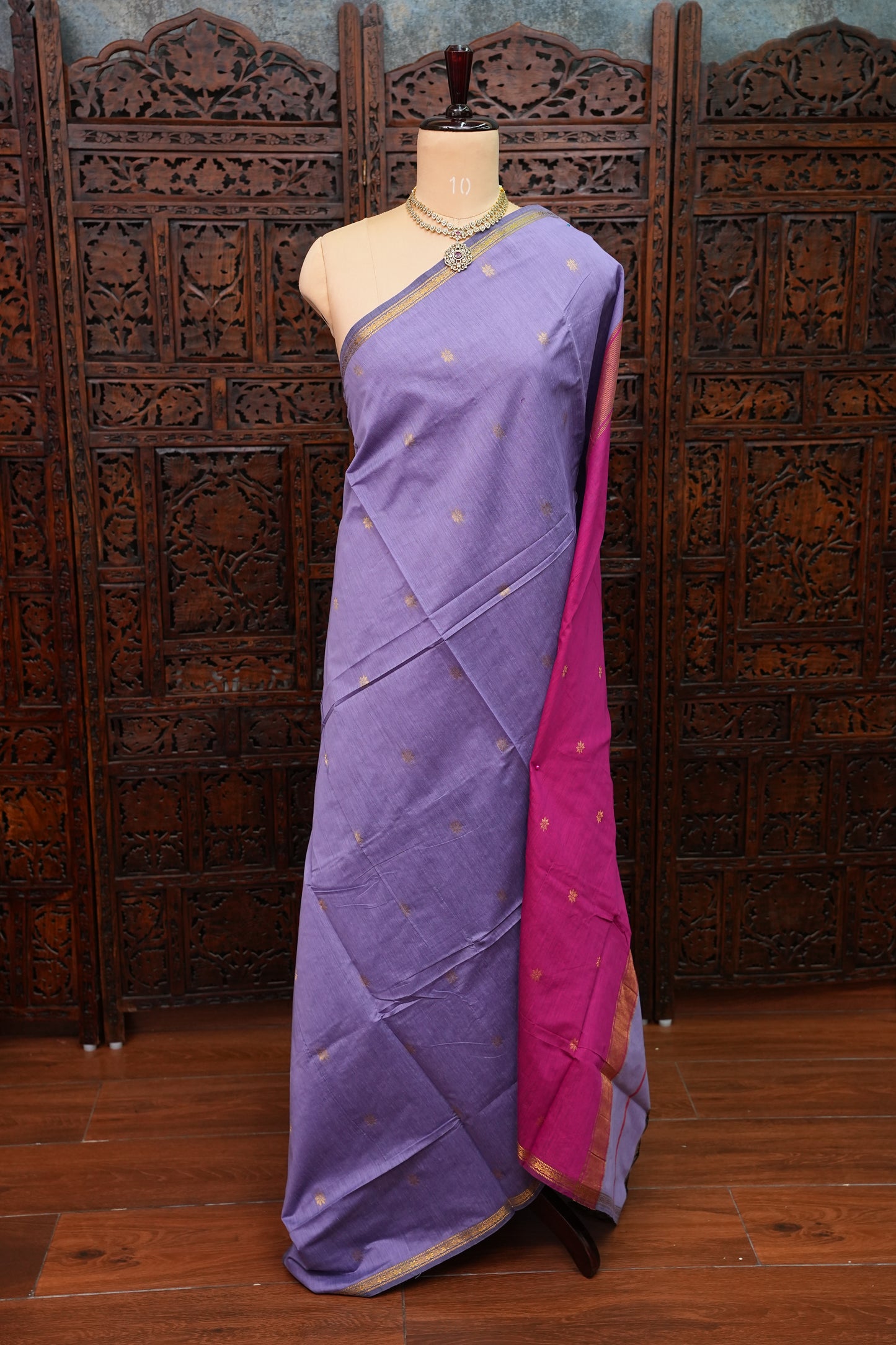 Semi Maheshwari Silk Cotton Saree – Lavender & Rani Pink with Zari Buttas