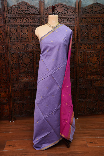 Semi Maheshwari Silk Cotton Saree – Lavender & Rani Pink with Zari Buttas