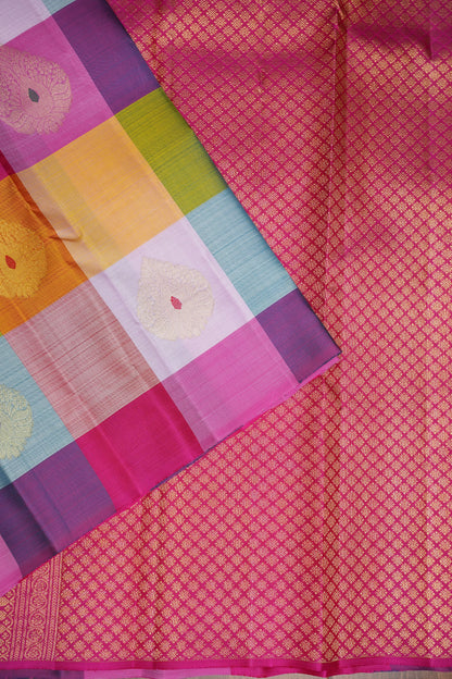 PURE KANCHIPURAM SILK PALLAM PALUM KATTAM SAREE – MULTICOLOUR CHECKS WITH PINK PALLU | SILK MARK CERTIFIED