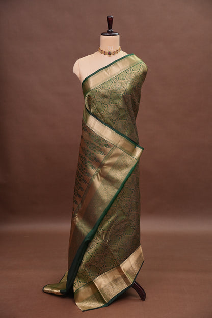 Bottle Green Brocade Pure Kanchipuram Silk Saree|Silk Mark Certified