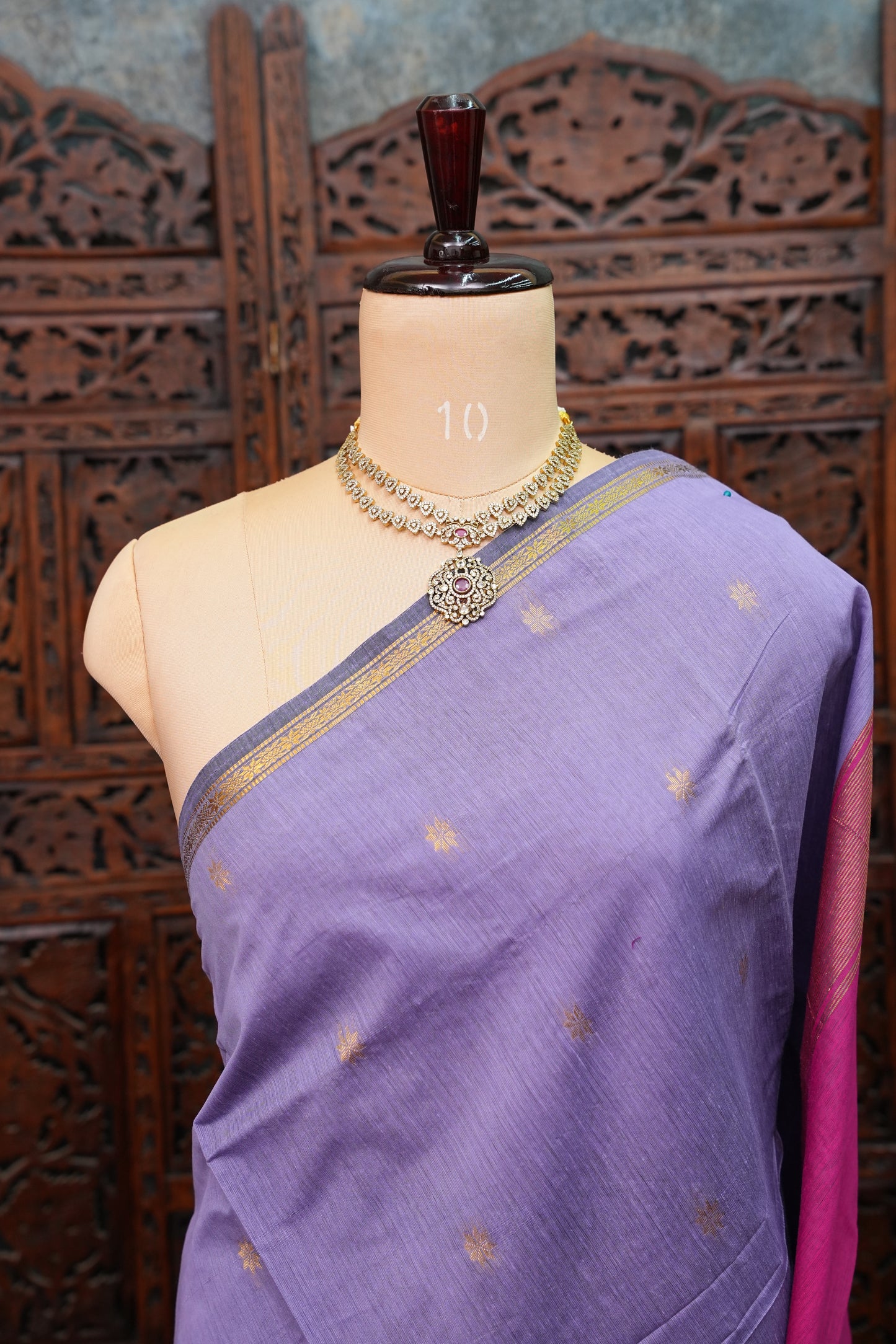 Semi Maheshwari Silk Cotton Saree – Lavender & Rani Pink with Zari Buttas