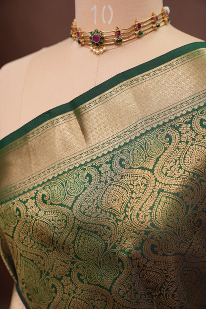 Bottle Green Brocade Pure Kanchipuram Silk Saree|Silk Mark Certified