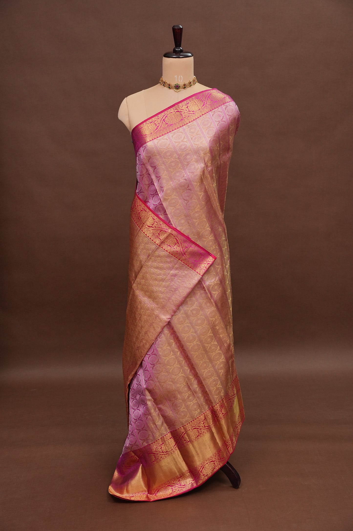 Champagne Gold with Rani Pink Pure Tissue Kanchipuram Silk Saree|Silk Mark Certified