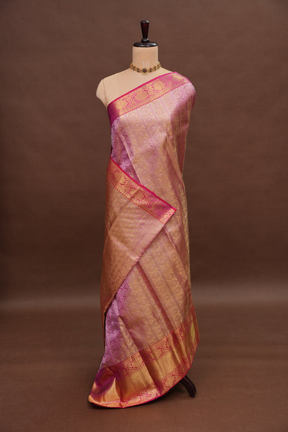 Champagne Gold with Rani Pink Pure Tissue Kanchipuram Silk Saree|Silk Mark Certified