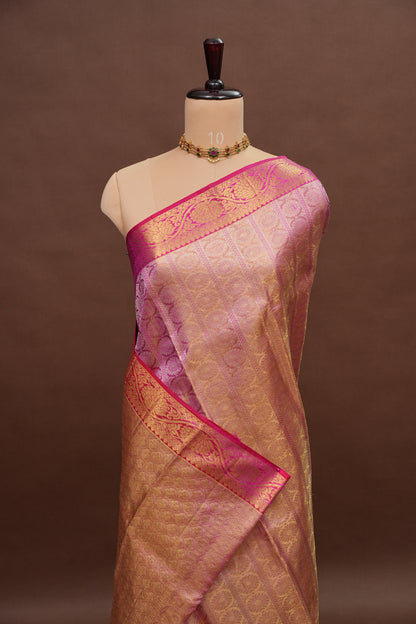 Champagne Gold with Rani Pink Pure Tissue Kanchipuram Silk Saree|Silk Mark Certified