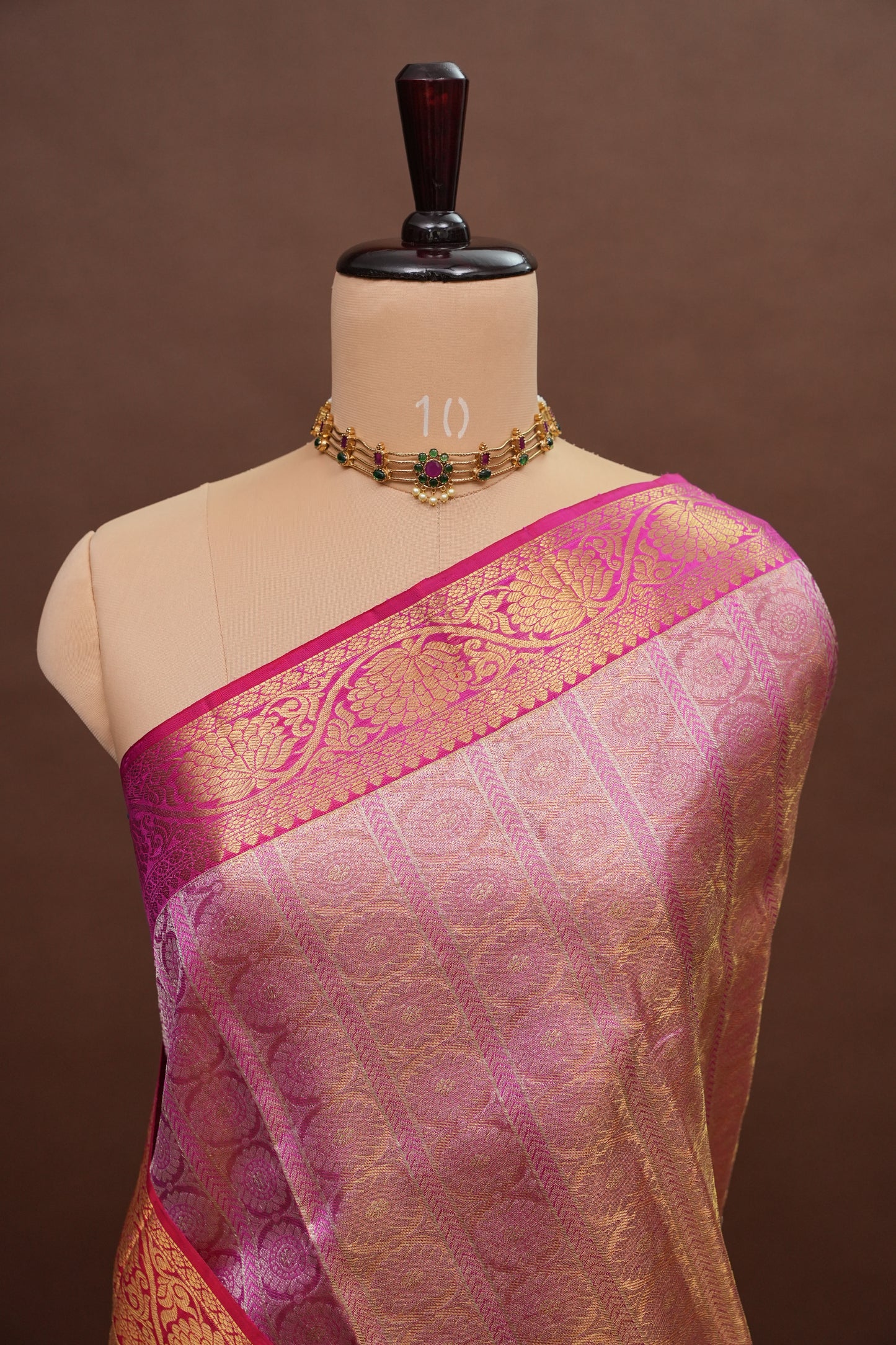Champagne Gold with Rani Pink Pure Tissue Kanchipuram Silk Saree|Silk Mark Certified