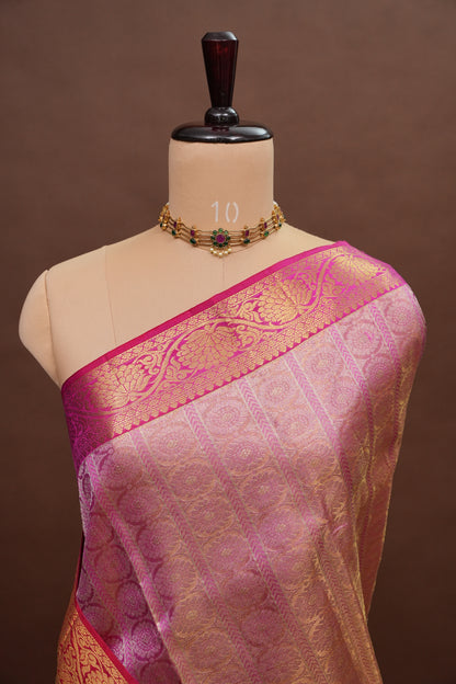 Champagne Gold with Rani Pink Pure Tissue Kanchipuram Silk Saree|Silk Mark Certified