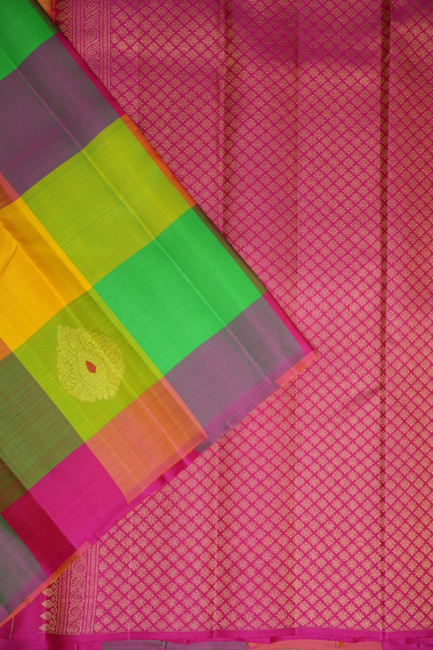 PURE KANCHIPURAM SILK PALLAM PALUM KATTAM SAREE – MULTICOLOUR CHECKS WITH PINK PALLU | SILK MARK CERTIFIED