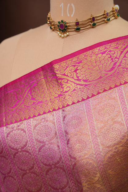 Champagne Gold with Rani Pink Pure Tissue Kanchipuram Silk Saree|Silk Mark Certified