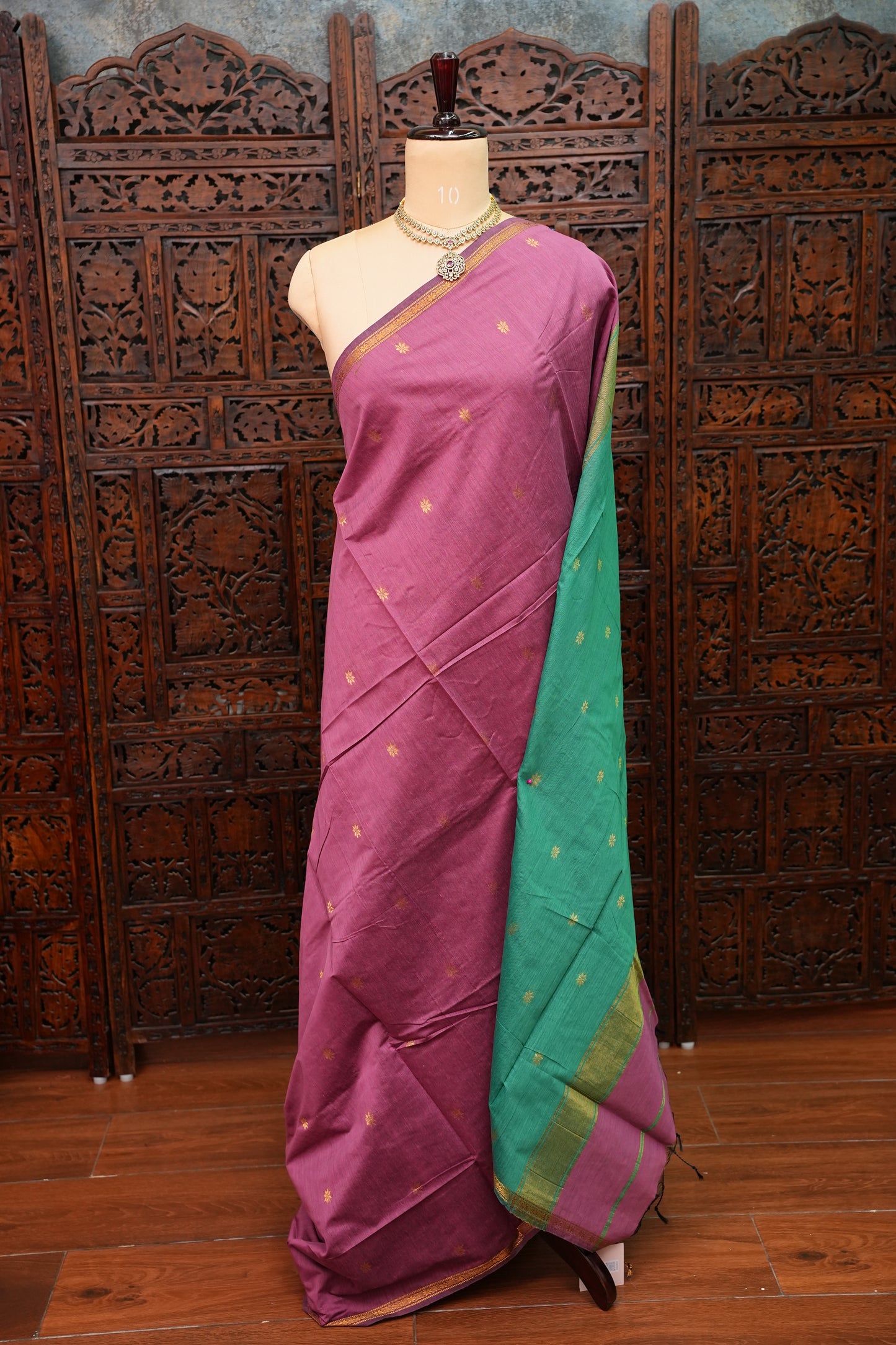 Semi Maheshwari Silk Cotton Saree – Mauve Pink & Teal Green with Gold Zari Buttas