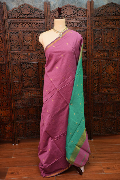 Semi Maheshwari Silk Cotton Saree – Mauve Pink & Teal Green with Gold Zari Buttas