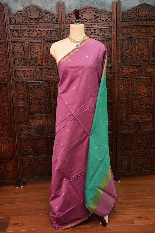 Semi Maheshwari Silk Cotton Saree – Mauve Pink & Teal Green with Gold Zari Buttas