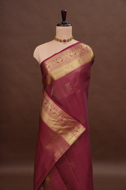 Bridal Deep Magenta & Gold Zari Pure Kanchipuram Silk Saree|Silk Mark Certified