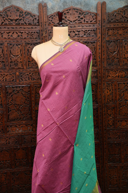Semi Maheshwari Silk Cotton Saree – Mauve Pink & Teal Green with Gold Zari Buttas