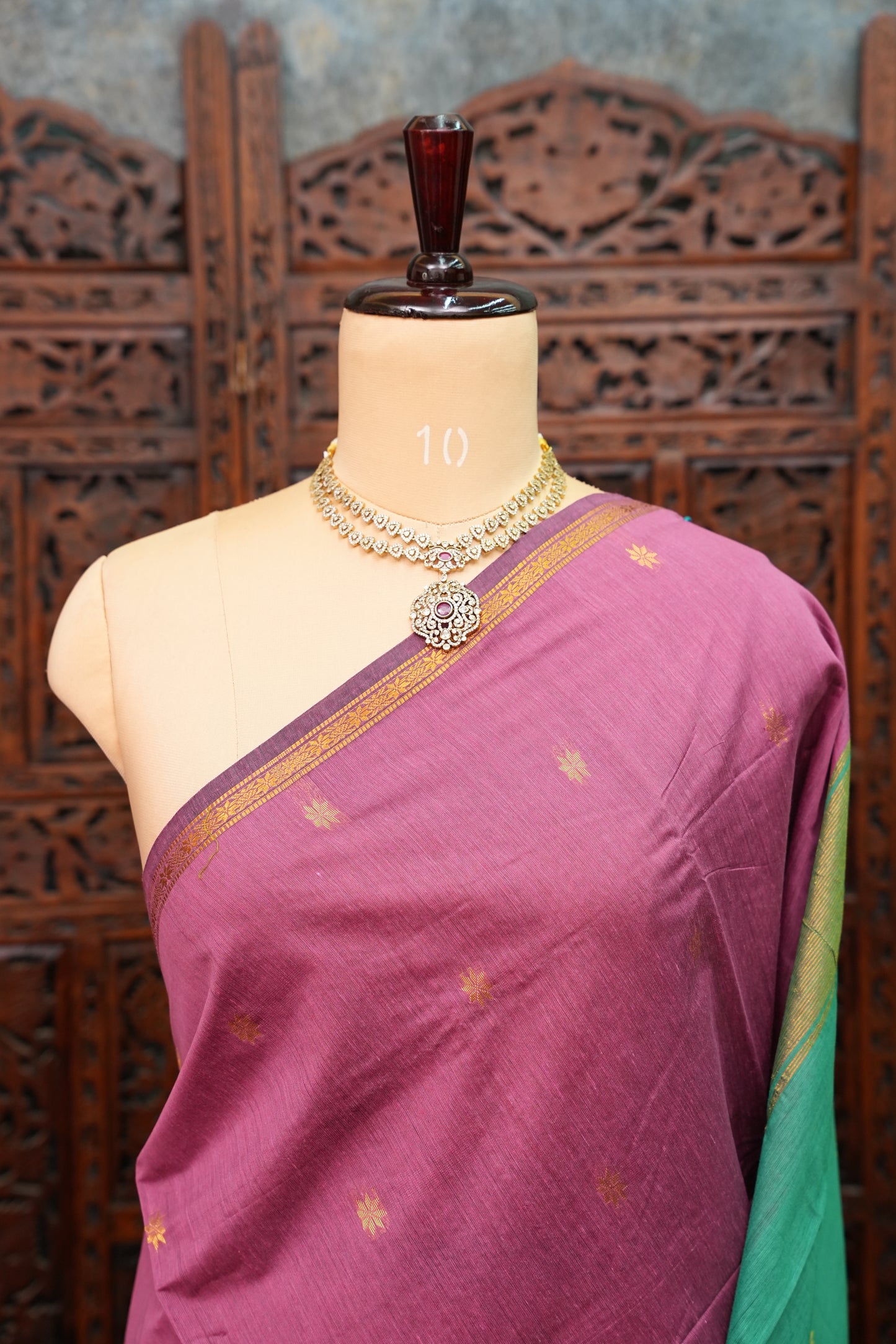 Semi Maheshwari Silk Cotton Saree – Mauve Pink & Teal Green with Gold Zari Buttas