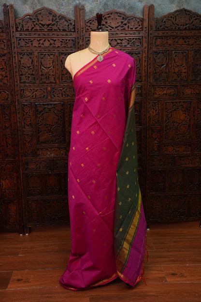 Semi Maheshwari Silk Cotton Saree – Rani Pink & Bottle Green with Gold Zari Buttas