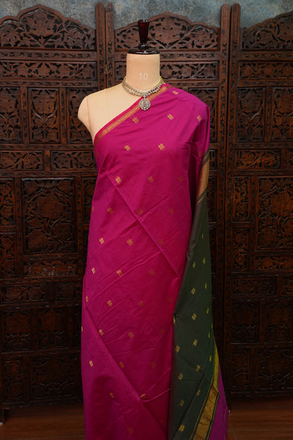 Semi Maheshwari Silk Cotton Saree – Rani Pink & Bottle Green with Gold Zari Buttas
