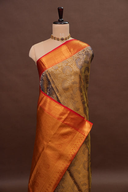 Antique Gold & Vermilion Red Pure Tissue Kanchipuram Silk Saree|Silk Mark Certified