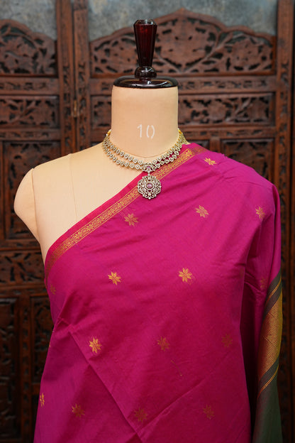 Semi Maheshwari Silk Cotton Saree – Rani Pink & Bottle Green with Gold Zari Buttas