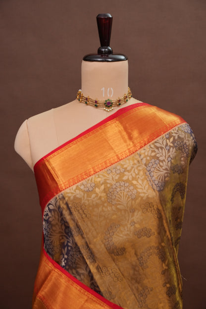 Antique Gold & Vermilion Red Pure Tissue Kanchipuram Silk Saree|Silk Mark Certified
