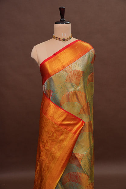 Sea Green & Vermilion Red Pure Tissue Kanchipuram Silk Saree|Silk Mark Certified