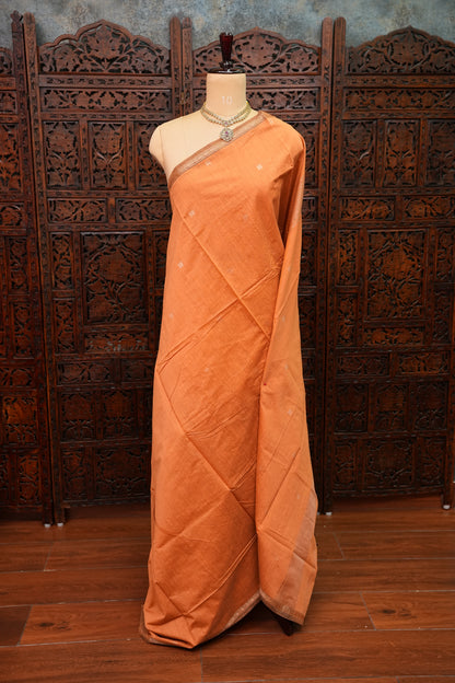 Semi Maheshwari Silk Cotton Saree – Peach Orange with Gold Zari Buttas