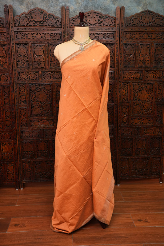 Semi Maheshwari Silk Cotton Saree – Peach Orange with Gold Zari Buttas