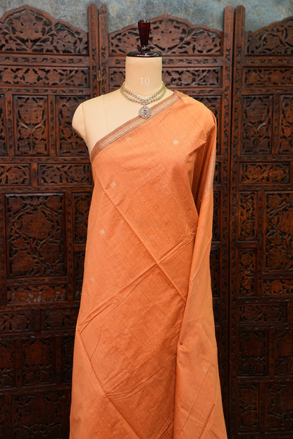 Semi Maheshwari Silk Cotton Saree – Peach Orange with Gold Zari Buttas